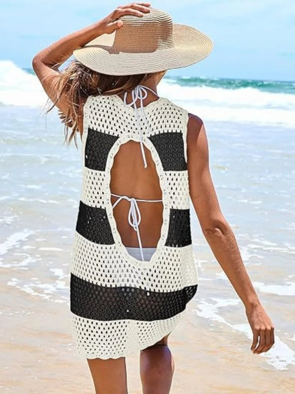 Color Block Openwork Sleeveless Cutout Back Cover-Up - Picture 3 of 15